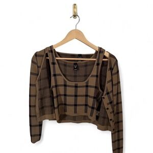 Windsor – Women Size Small/Medium Tan Black Plaid 2-Piece Crop Set Y2K Trendy